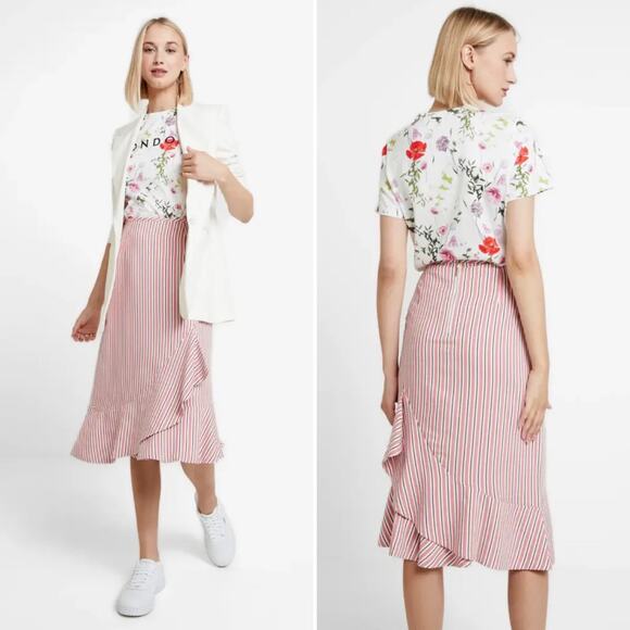 Ted Baker Coryn Coquette Striped Ruffle Modest Asymmetric Midi Skirt Pink size 0 - Picture 1 of 12